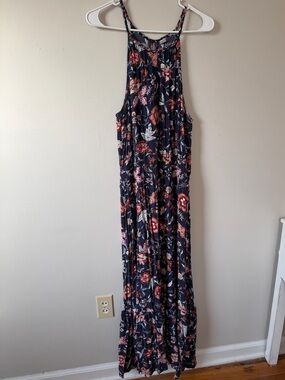 Old Navy Navy Floral Halter Maxi Dress with Red & Pink Flowers